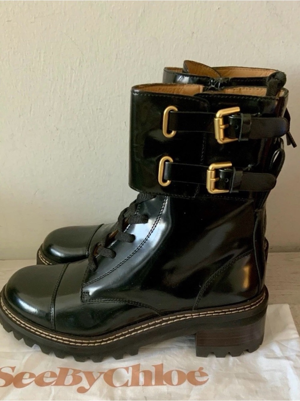 SEE BY CHLOE MALLORY BUCKLED  LEATHER MOTO BOOTS 38.5 (8) NEW W/DUSTBAG